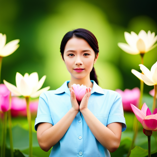 An image showcasing a confident and compassionate individual surrounded by nine vibrant lotus flowers, each representing a different aspect of their personality, emphasizing the profound influence of birth number 9 in numerology