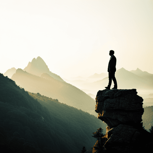 An image showcasing a solitary figure standing on a precipice, gazing at a daunting mountain range
