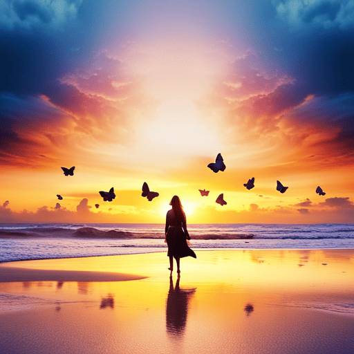 An image showcasing a serene beach at sunset, with a solitary figure standing at the water's edge, surrounded by nine vibrant butterflies symbolizing transformation, compassion, and spiritual growth
