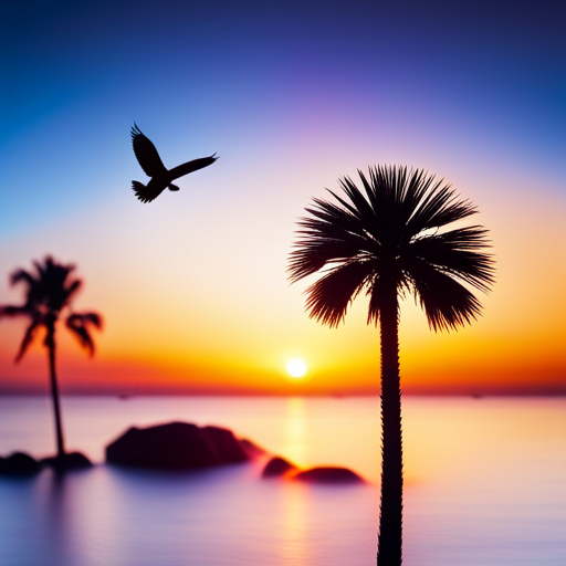 An image showcasing a serene beach sunset with two tall, intertwined palm trees symbolizing harmony