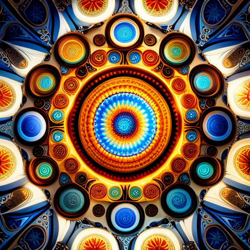 An image showcasing a vibrant kaleidoscope of 28 overlapping circles, each filled with intricate patterns and numerals, representing the mystical insights and hidden meanings behind Numerology Number 28