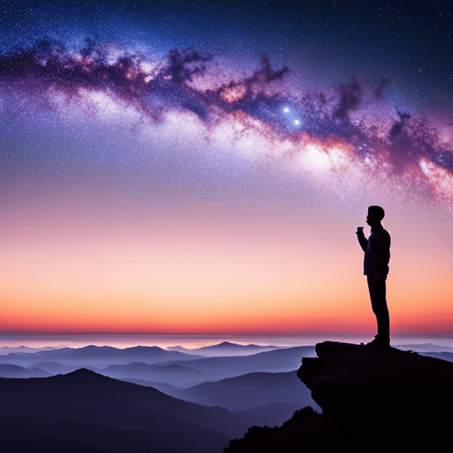 A visual representation of the enigmatic and introspective personality of Birth Number 7 by capturing a person standing alone on a mountaintop, gazing at the stars in awe and contemplation