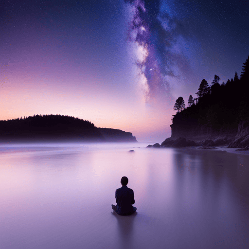 An image of a serene coastline at dusk, with a solitary figure sitting cross-legged on the sand, surrounded by seven glowing stars