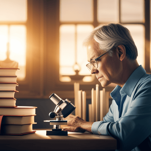 An image featuring a serene, solitary figure engrossed in scientific research, surrounded by books, a microscope, and mathematical equations, representing the ideal career path for individuals with Birth Number 7