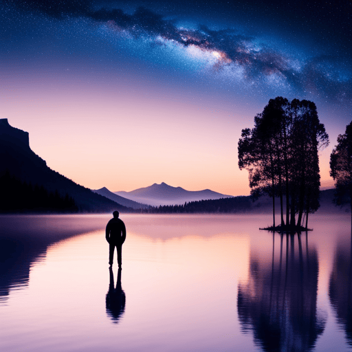An image showcasing a serene nighttime scene, with a solitary figure gazing at the starry sky