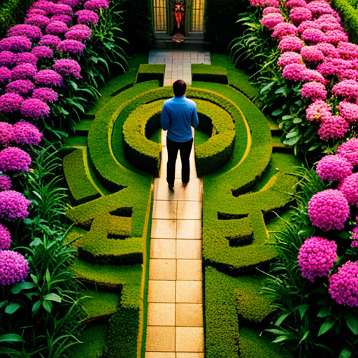 An image of a vibrant labyrinth, its intricate pathways adorned with colorful flowers and symbols
