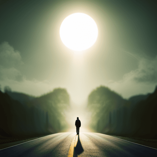 An image of a solitary figure standing at a crossroad, bathed in ethereal moonlight