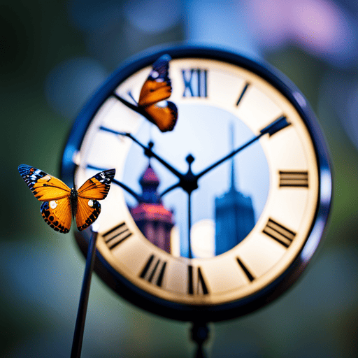 An image featuring two dainty butterflies, their delicate wings forming the number 2, gracefully fluttering around a majestic clock tower displaying the time as 2:22, symbolizing the mystical world of 2 22 numerology
