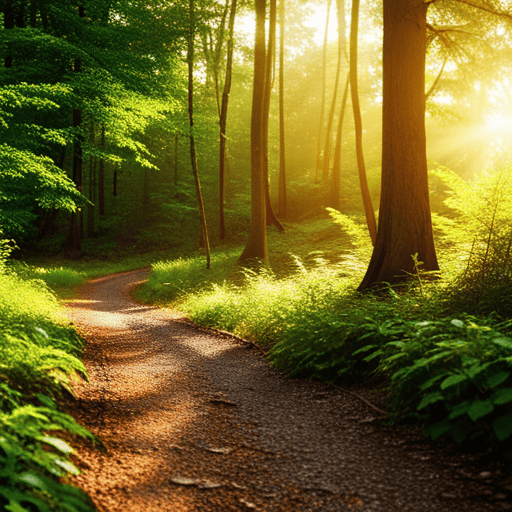 An image of a serene, winding forest path bathed in golden sunlight