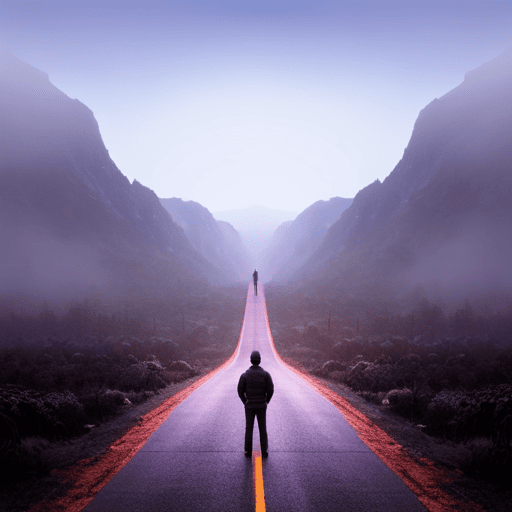 An image capturing a solitary figure standing at a crossroads, surrounded by a misty forest