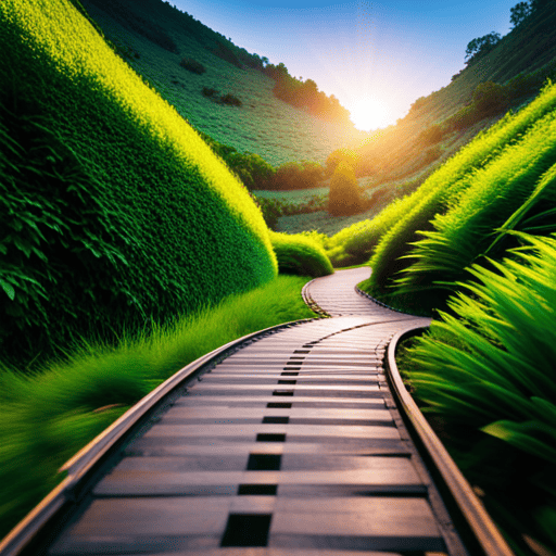 An image showcasing a winding mountain trail, surrounded by lush greenery and leading towards a radiant sunrise