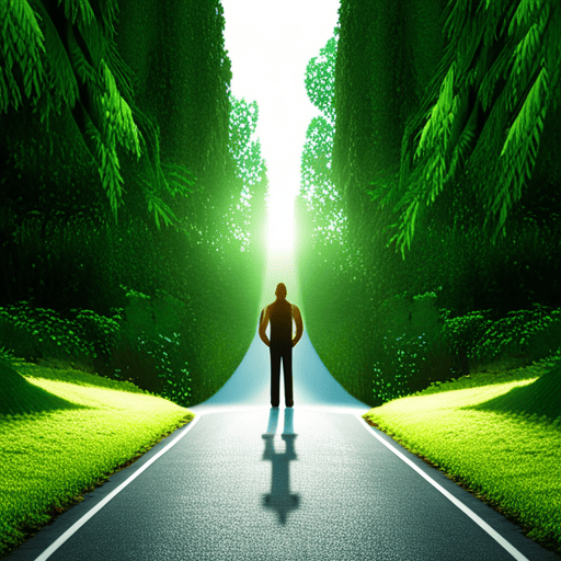 An image depicting a solitary figure standing at a crossroad, surrounded by lush greenery