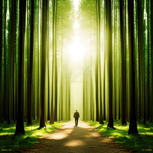 An image of a serene and mystical forest, with a solitary figure standing at the entrance of a hidden path