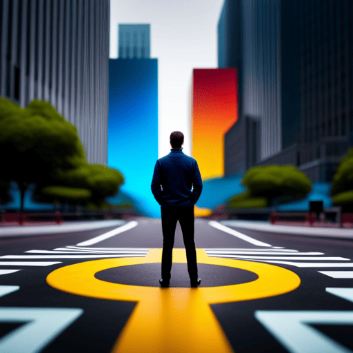 An image of a person standing at a crossroads, surrounded by vibrant swirling colors and symbols representing growth and change