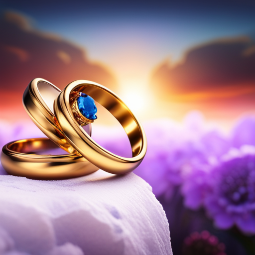 An image of two intertwined gold rings, symbolizing eternal love and commitment, adorned with vibrant gemstones representing the diverse and harmonious relationships that blossom for individuals with a Numerology 9 Life Path