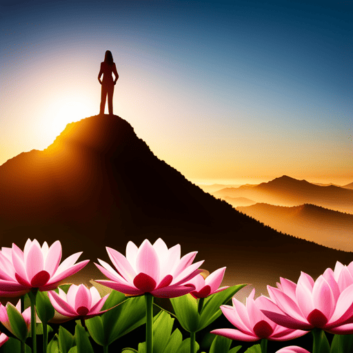An image showcasing a serene figure standing atop a mountain peak, bathed in golden sunlight