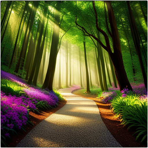 An image showcasing a winding path through an enchanting forest, with vibrant flowers blooming along the way