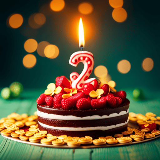An image showcasing a vibrant birthday cake adorned with 22 lit candles, surrounded by a decorative border of lucky charms, like four-leaf clovers, horseshoes, and shooting stars