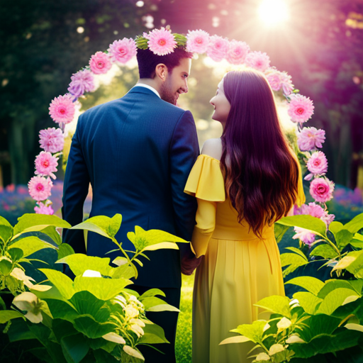 An image depicting a couple holding hands, surrounded by intertwining vines and blooming flowers