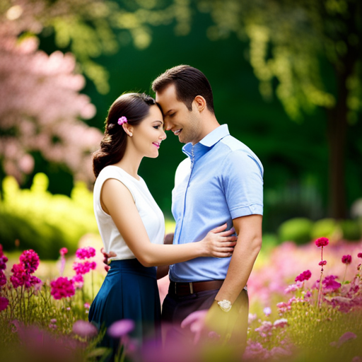 An image showcasing a serene garden setting with a couple surrounded by blooming flowers and trees