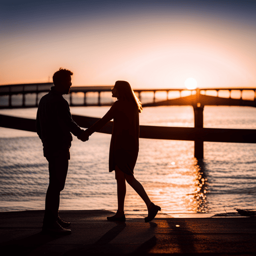 An image showcasing a serene beach sunset, where a couple stands hand-in-hand on a narrow bridge, symbolizing the delicate balance between maintaining individuality and fostering a deep connection in a harmonious Number 9 union