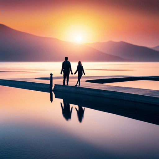An image featuring a serene beach sunset, with a couple walking hand in hand towards the horizon