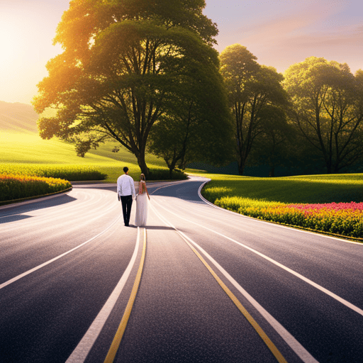 An image showcasing a couple standing on opposite ends of a winding road, symbolizing the challenges and growth opportunities in Number 9 relationships