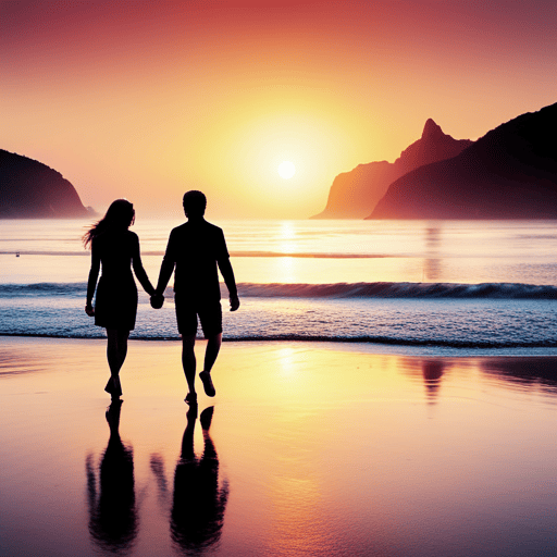 An image featuring a serene beach sunset, with a couple walking hand in hand towards the horizon