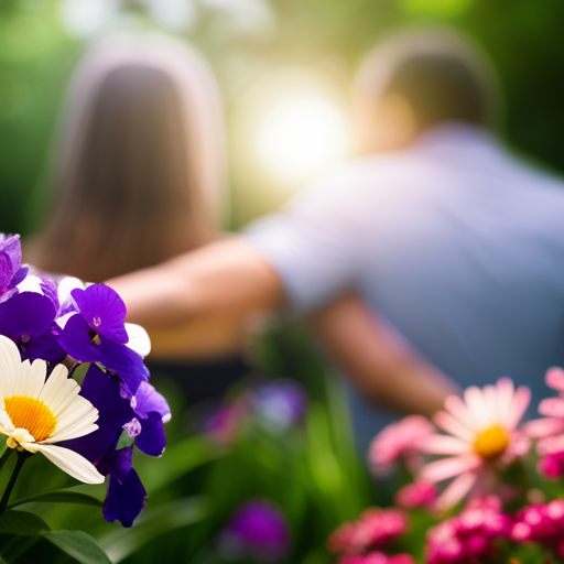 An image showcasing a couple holding hands, surrounded by a serene garden filled with blooming flowers and butterflies