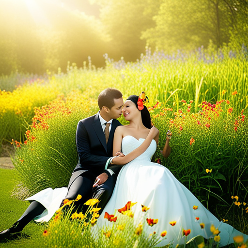 An image of a couple sitting on a vibrant, flower-filled meadow, gazing into each other's eyes with affectionate smiles