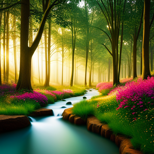 An image that portrays a winding path through a lush green forest, dotted with vibrant blossoms