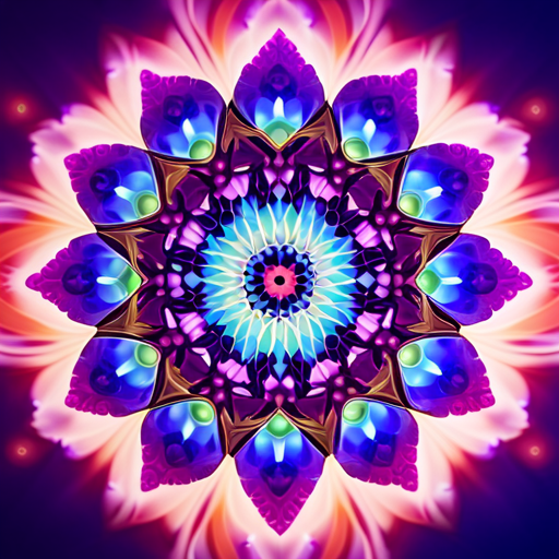 An image showcasing a vibrant mandala in shades of purple, adorned with intricate geometric patterns