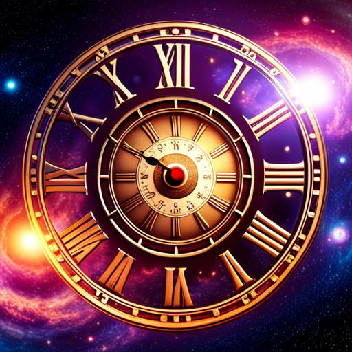 An image showcasing a vibrant celestial background with a central glowing clock face