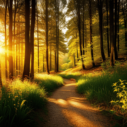 An image of a winding forest path, dappled with golden sunlight filtering through towering trees