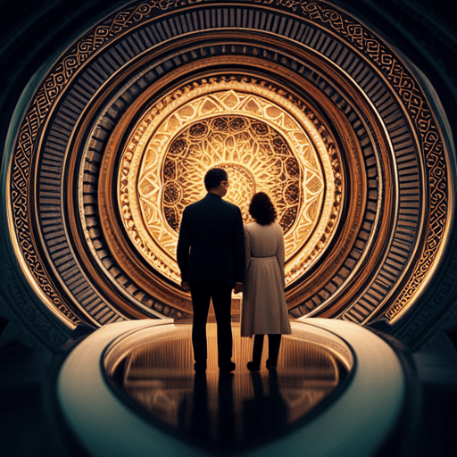 An image of a couple surrounded by intricate geometric patterns to illustrate the profound connection and harmony found in love and relationships for Numerology Number 35