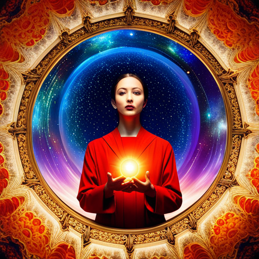 An image featuring a glowing celestial background, with a central figure adorned in vibrant colors, exuding confidence and wisdom