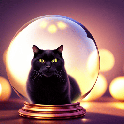 An image showcasing a majestic black cat with piercing green eyes, sitting atop a crystal ball adorned with intricate numerology symbols, surrounded by a subtle glow of mystic energy