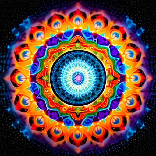 An image showcasing a celestial-inspired mandala, radiating vibrant colors and intricate patterns, surrounded by ethereal cosmic energy