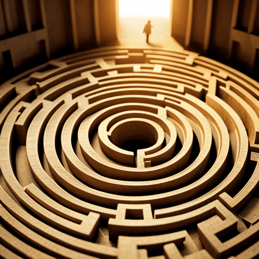 An image illustrating the enigmatic influence of GG33 numerology on career paths, depicting a labyrinthine maze formed by intertwining numbers, guiding individuals towards their destined professional journey