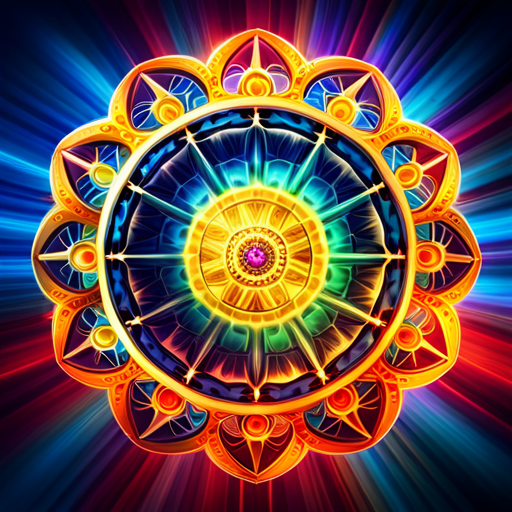 An image showcasing a golden mandala with intricate geometric patterns, surrounded by vibrant, celestial colors