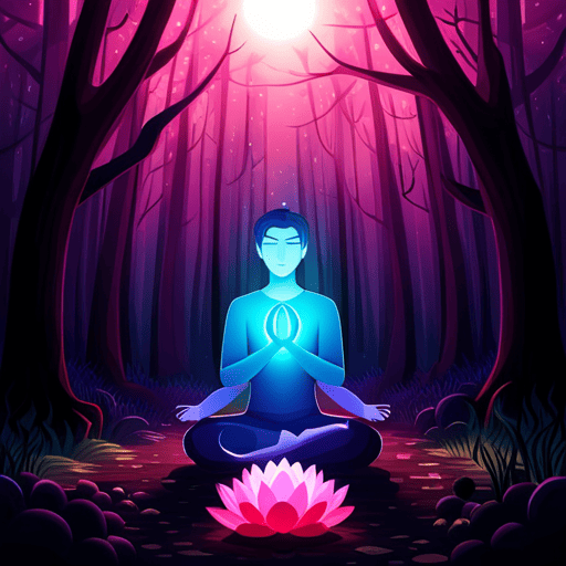 An image showcasing a serene, moonlit forest scene with a mystical aura surrounding a person meditating in lotus position, surrounded by shimmering golden numerals of GG33, symbolizing spiritual enlightenment and the mysterious power of GG33 numerology