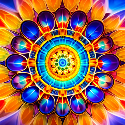 An image showcasing a golden mandala with intricate geometric patterns, surrounded by vibrant, celestial colors
