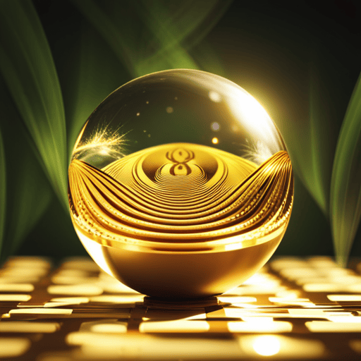 An image showcasing a mystical scene with a shimmering crystal ball at the center, surrounded by intricate golden patterns and glowing GG33 numerals, exuding an enigmatic energy that captivates the viewer's imagination