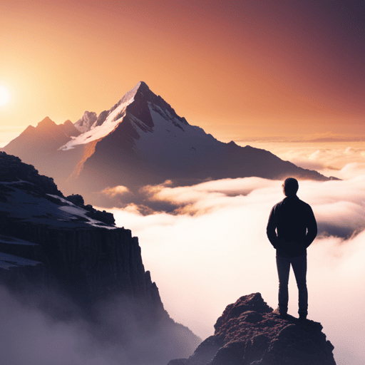 An image that depicts a person standing on a high mountaintop, surrounded by ethereal light