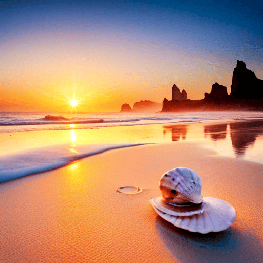 An image portraying a serene beach scene, with two seashells gracefully intertwined in the sand, symbolizing the harmonious and balanced energy of a numerology number 2 marriage
