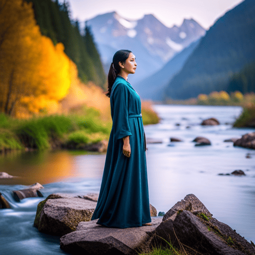 An image of a serene figure standing near a flowing river, surrounded by vibrant nature