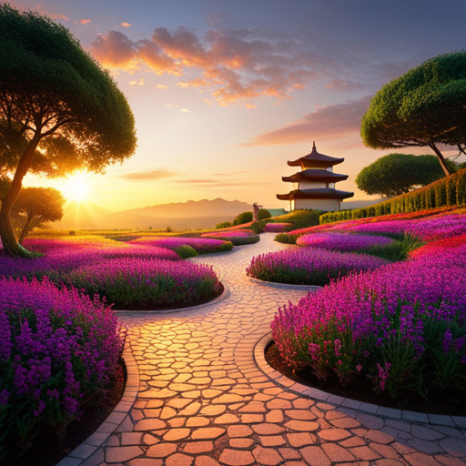 An image showcasing a vibrant garden filled with blooming flowers and a winding path leading towards a radiant sunset