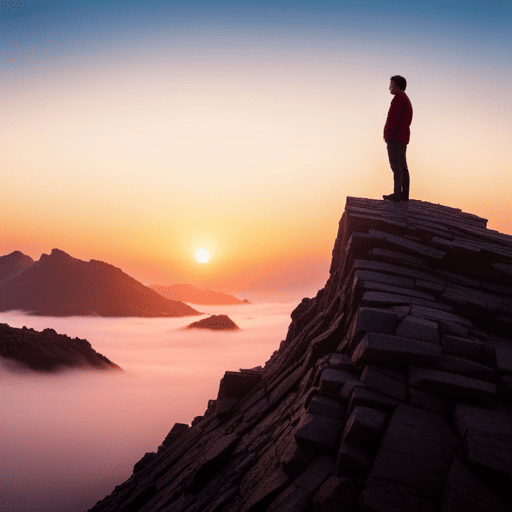 An image showcasing a serene mountain landscape at sunset, with a solitary figure standing at the peak, representing the Life Path Number 9's introspective and transformative journey towards unlocking their true potential