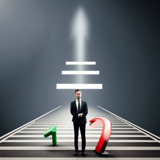 An image showcasing a businessman standing at a crossroads, with numbers floating above each path