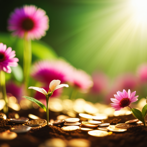 An image showcasing a vibrant, flourishing garden filled with golden coins sprouting from the ground, symbolizing the connection between Numerology Number 25 and financial abundance